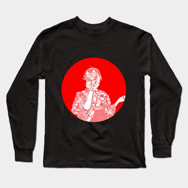 Woman in Japanese Kimono with a Cat Mask on Long Sleeve T-Shirt by DangerslyHappy